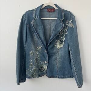 Vintage 90s Chagall Floral Beaded Button Denim Jacket